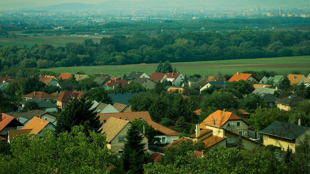 A village nestled among green trees with a distant city